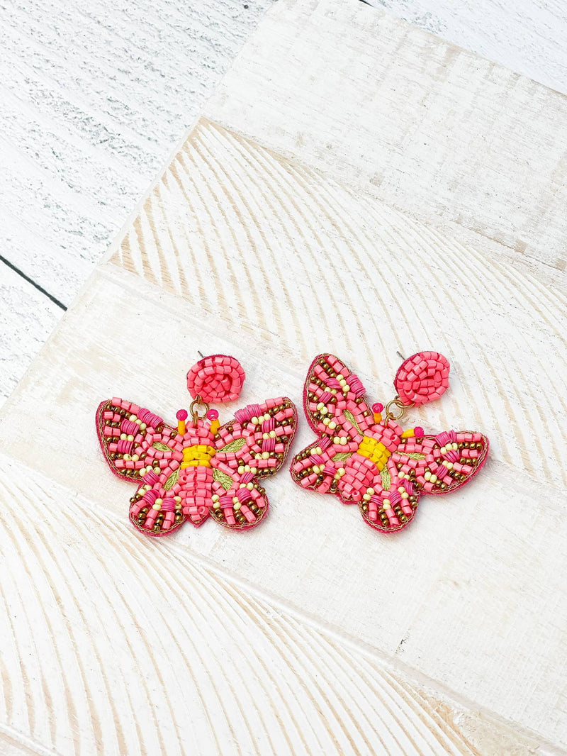 Seed Bead Butterfly Dangle Earrings - Hot Pink
