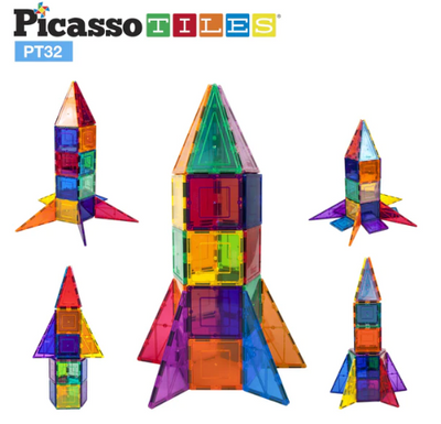 PicassoTiles 32pcs Magnetic Tile Rocket Set Kids Learning Picasso Tiles  Paper Skyscraper Gift Shop Charlotte