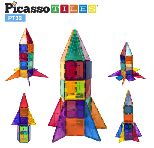 PicassoTiles 32pcs Magnetic Tile Rocket Set