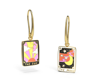 Sun & Moon Tarot Earrings - 18k Gold Gilt Enamel Jewelry  Yellow Owl Workshop  Paper Skyscraper Gift Shop Charlotte