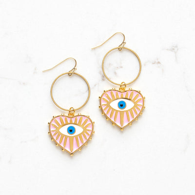 Enamel Evil Eye Heart and Circle Dangle Earrings - White Jewelry Stitch and Stone  Paper Skyscraper Gift Shop Charlotte