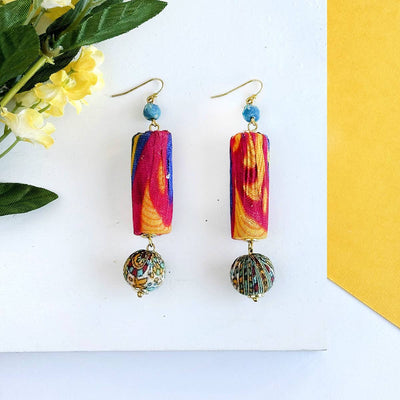 Cylindrical Kantha Earrings  WorldFinds  Paper Skyscraper Gift Shop Charlotte