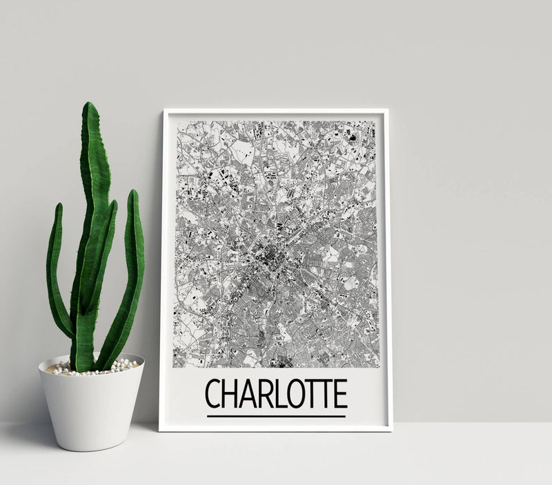 8" x 10" Charlotte Map Print - Art Deco Style