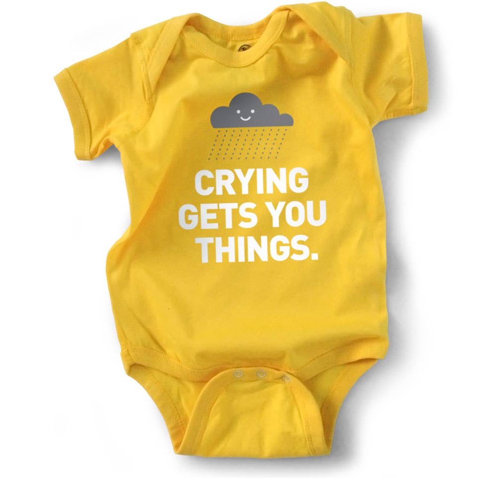 Crying Gets You Things 0-6M - Baby Bodysuit - Yellow Baby Wry Baby Paper Skyscraper Gift Shop Charlotte