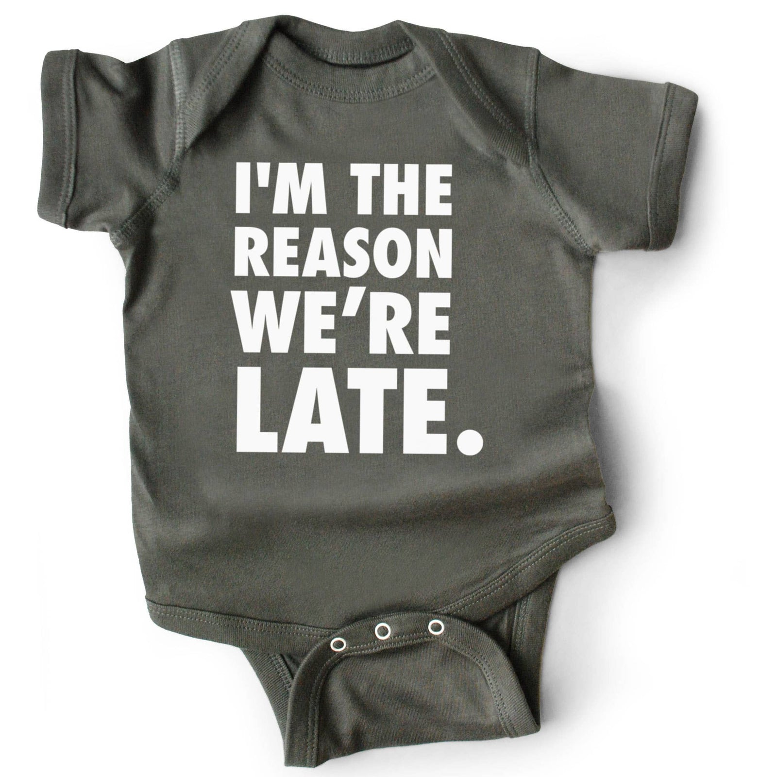 I'm The Reason We're Late - Baby Bodysuit | 0-6M - Grey by Wry Baby Baby Wry Baby Paper Skyscraper Gift Shop Charlotte