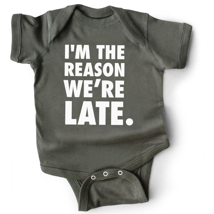I'm The Reason We're Late - Baby Bodysuit | 0-6M - Grey by Wry Baby Baby Wry Baby Paper Skyscraper Gift Shop Charlotte