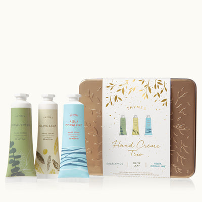 Hand Creme Trios | Eucalyptus, Olive Leaf, and Aqua Coralline Holiday Thymes  Paper Skyscraper Gift Shop Charlotte
